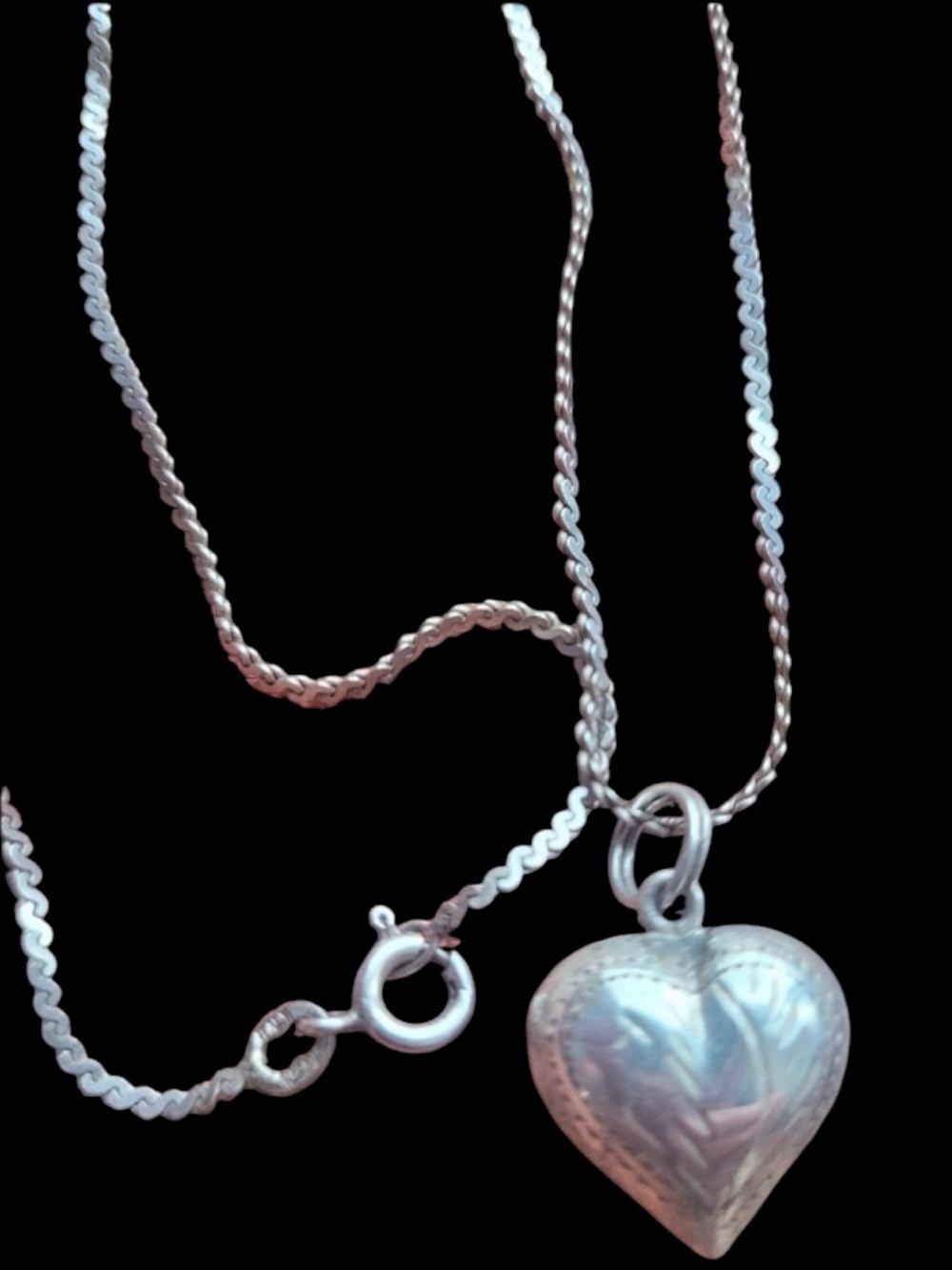Vintage Etched Puffy Heart Sterling Silver Necklace